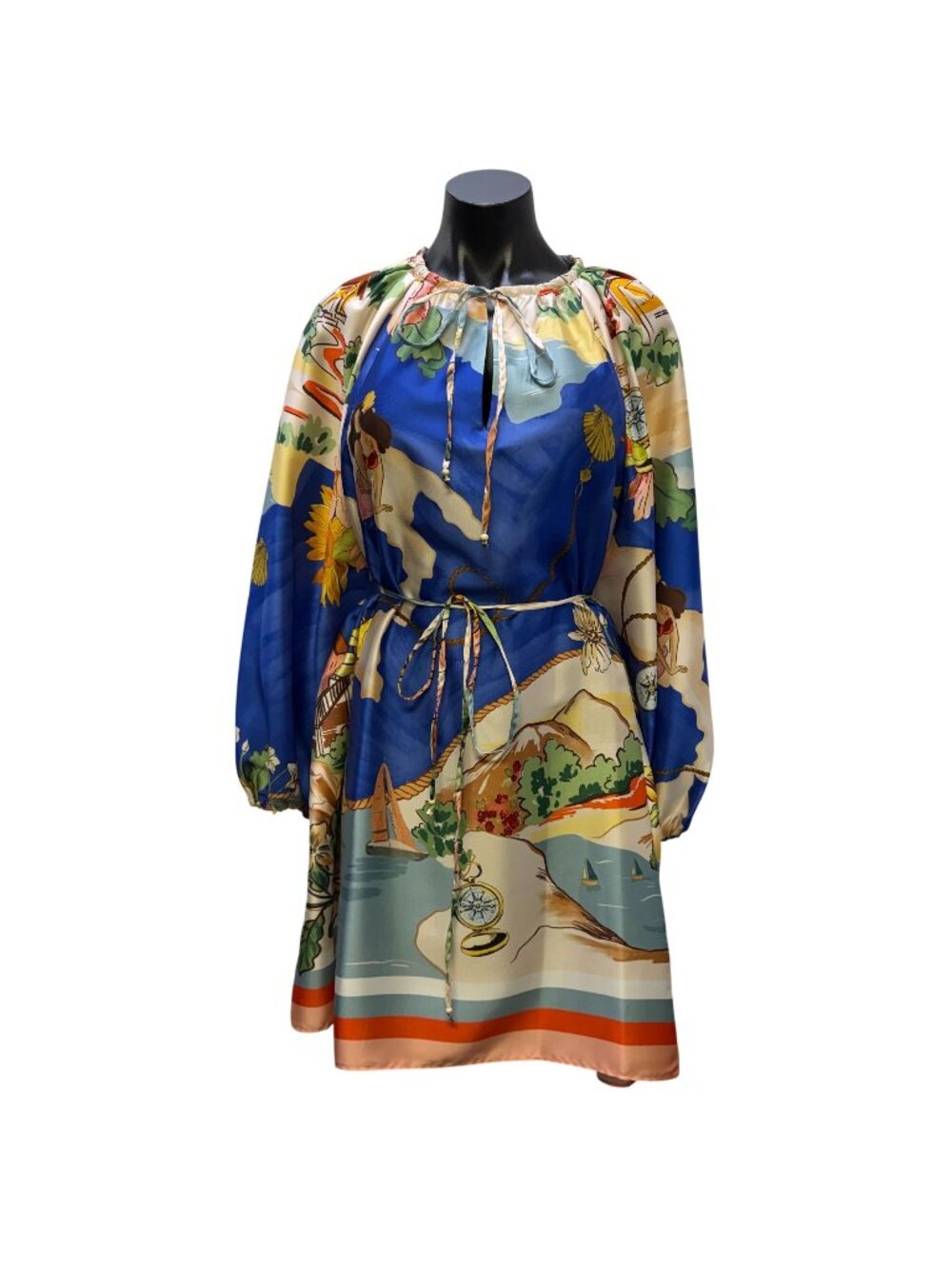 Antonio Melani Long-Sleeve Dress With Tie Waist Blue Multicolor L